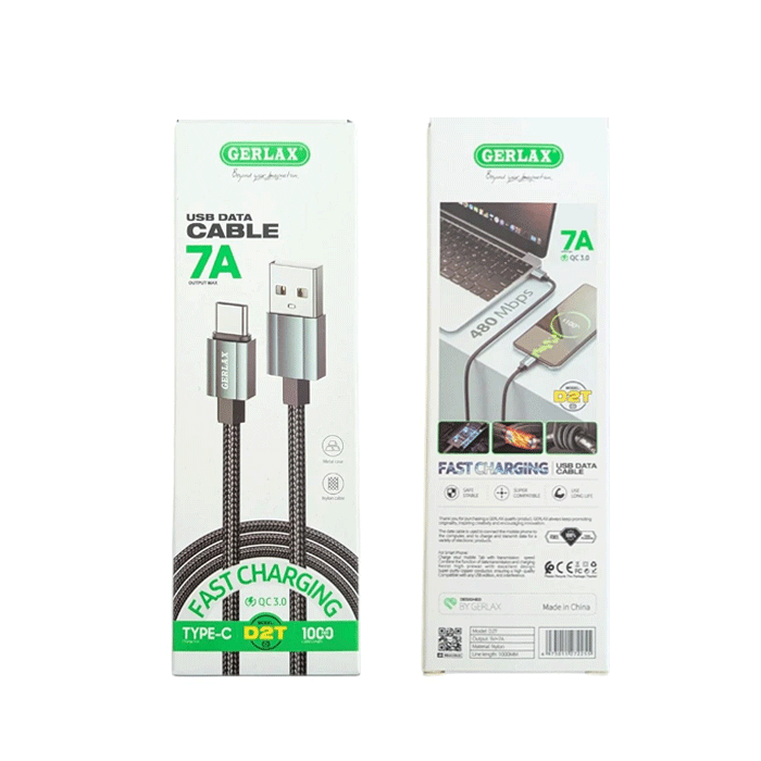 GERLAX D2T Charging And DATA 1M CABLE USB Το Type-C 7A - Color: Black