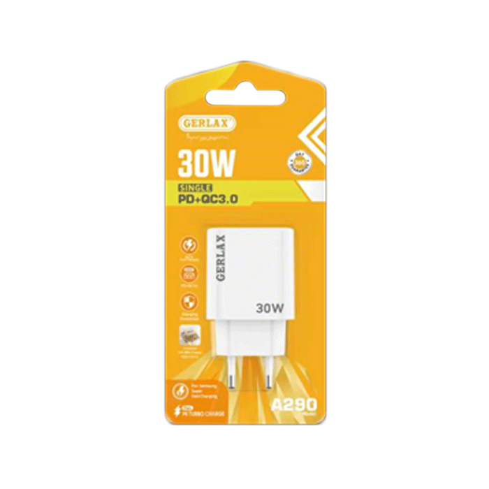 GERLAX A290 Mobile Charger 30W With 1 USB-A Port And 1 Type-C Port - Color: White