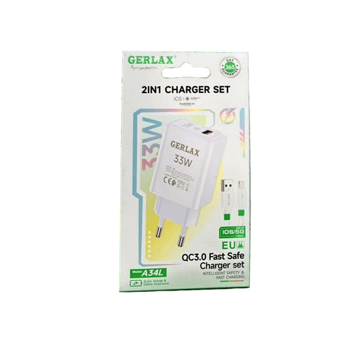 GERLAX A34L Mobile Charger PD 33W 1 USB Port With Cable USB To Lightning - Color: White
