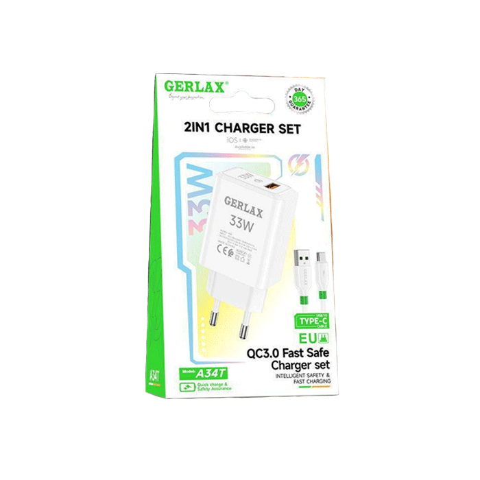 GERLAX A34T Mobile Charger PD 33W 1 USB Port With Cable USB To Type-C - Color: White