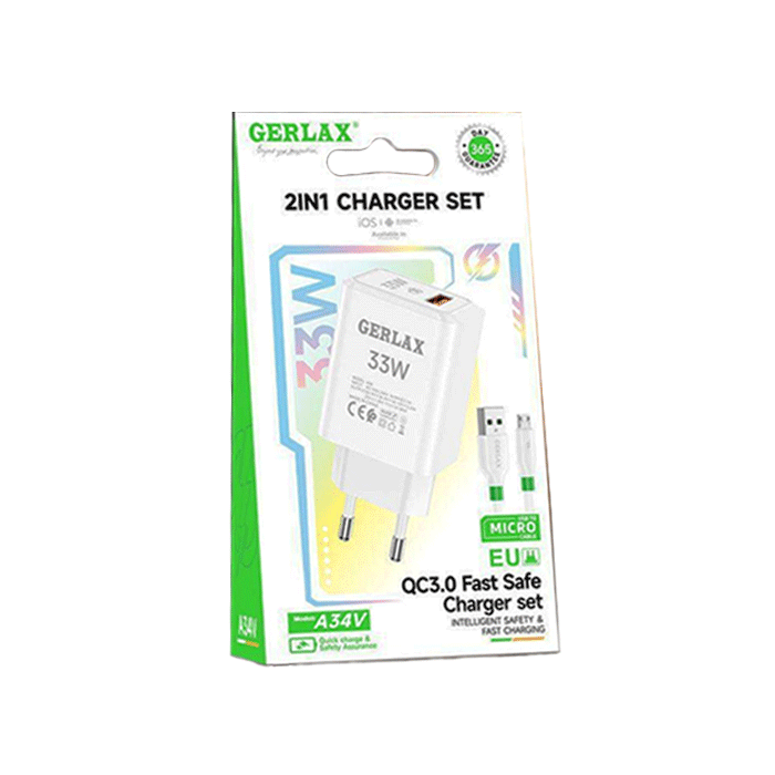 GERLAX A34V Mobile Charger PD 33W 1 USB Port With Cable USB To Micro - Color: White