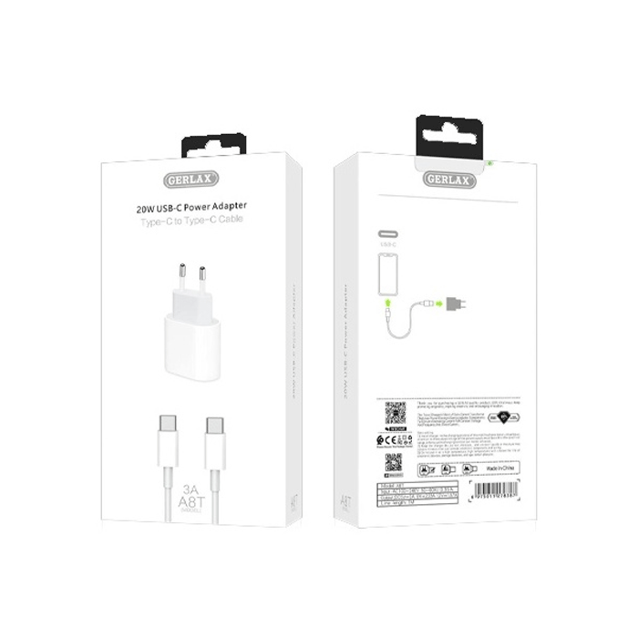 GERLAX A8L Mobile Fast Charger 20W With 1 Type-C Port And Cable Type-C To Lightning - Color: White