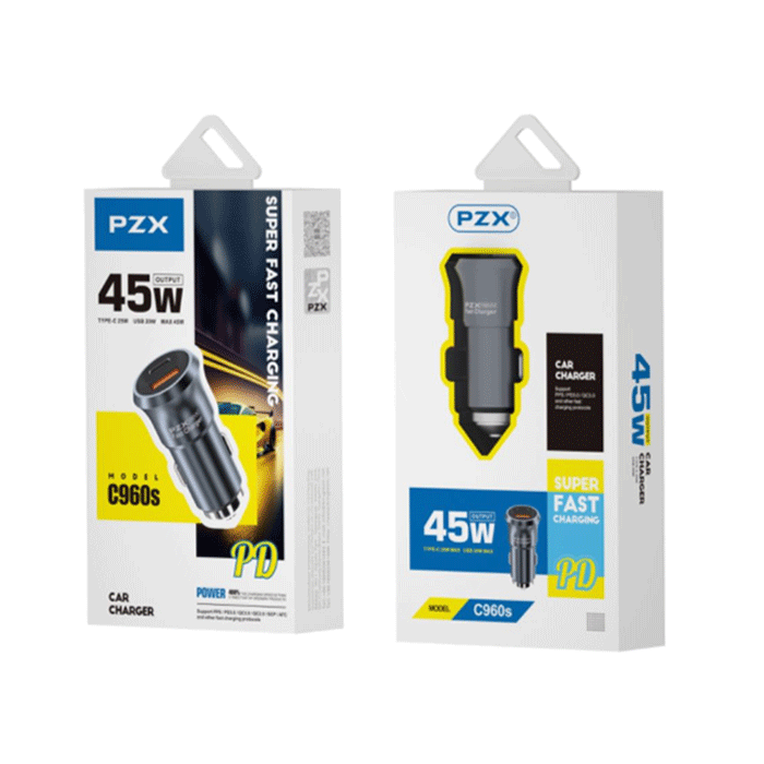 PZX C960S Car Charger 45W With USB And TYPE C Port 5V/3A - Color: Black