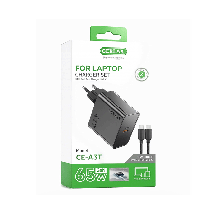 GERLAX CE-A3T Laptop Fast Charger 65W With 1 Type-C Port With Cable Type-C To Type-C - Color: Black
