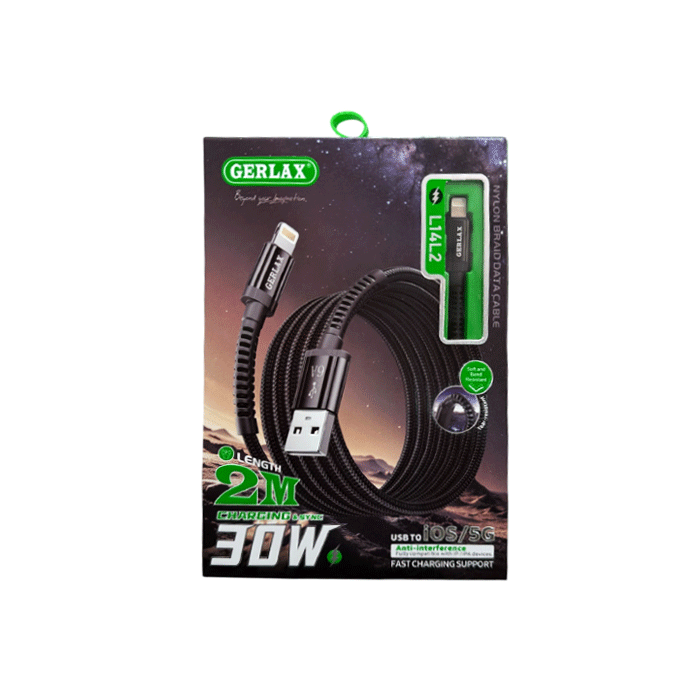 GERLAX L14L2 Charging And DATA 2M CABLE USB To Lightning 30W - Color: Black