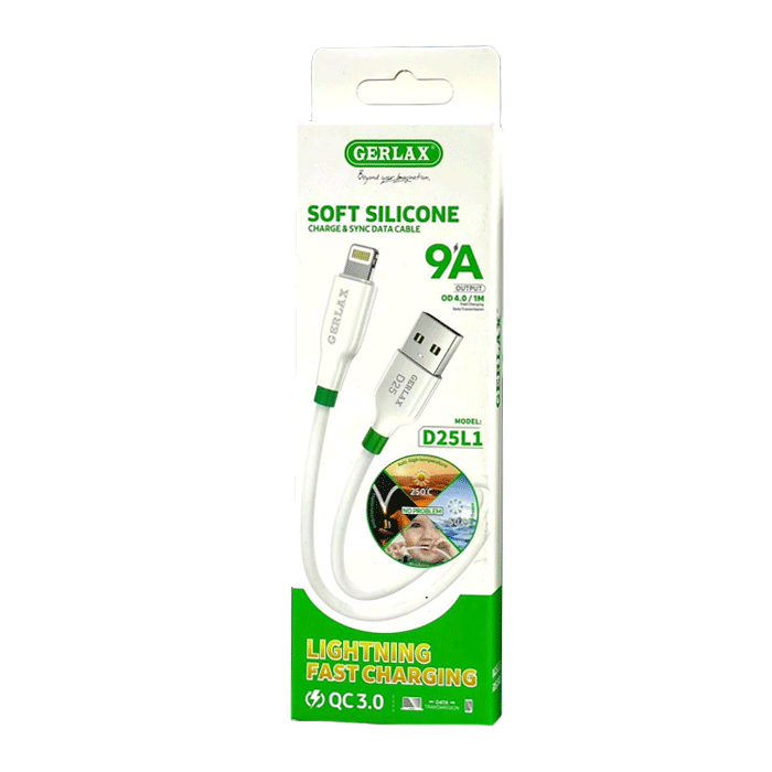 GERLAX D25L1 Charging And DATA 1M CABLE USB Το Lightning 9A - Color: White
