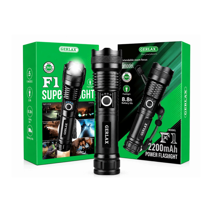 GERLAX F1 Super Light 2200mAh Power Flashlight 8.8H - Color : Black