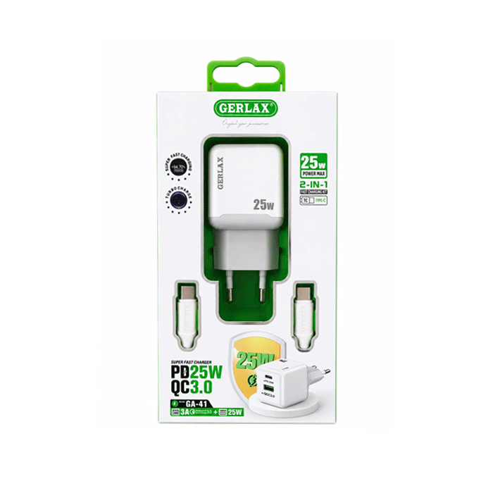 GERLAX GA-41 Mobile Fast Charger 25W With 1 Type-C Port And 1 USB Port With Cable Type-C To Type-C - Color: White