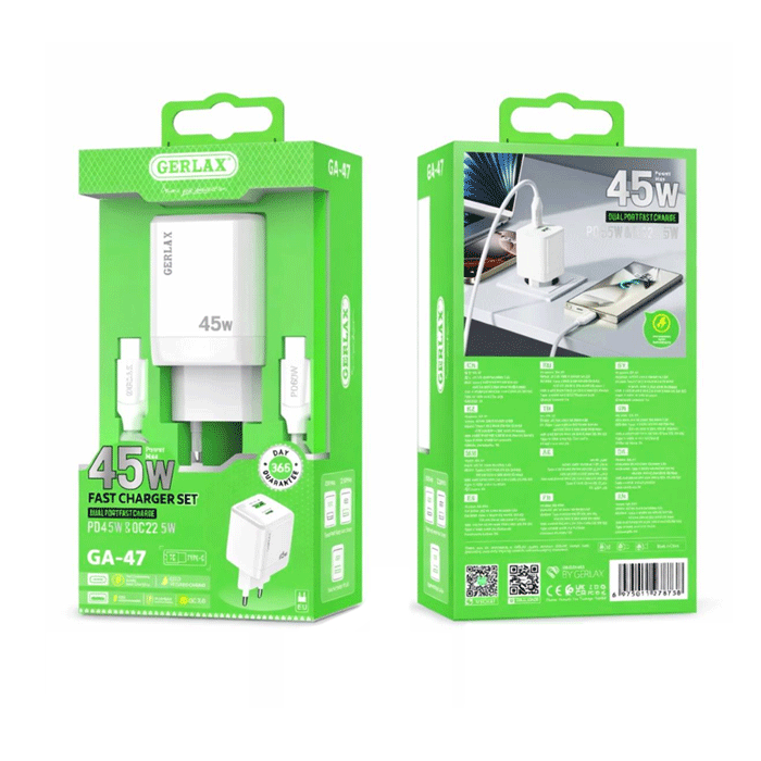 GERLAX GA-47 Mobile Fast Charger 45W Gan With 1 Type-C Port And 1 USB Port With Cable Type-C To Type-C - Color: White