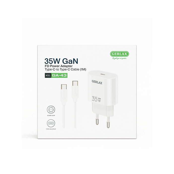 GERLAX GA-43T Mobile Fast Charger 35W Gan With 1 Type-C Port And Cable Type-C To Type-C - Color: White