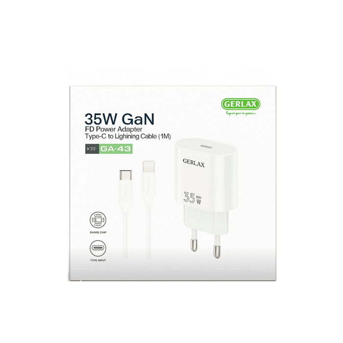 GERLAX GA-43L Mobile Fast Charger 35W Gan With 1 Type-C Port And Cable Type-C To Lightning - Color: White