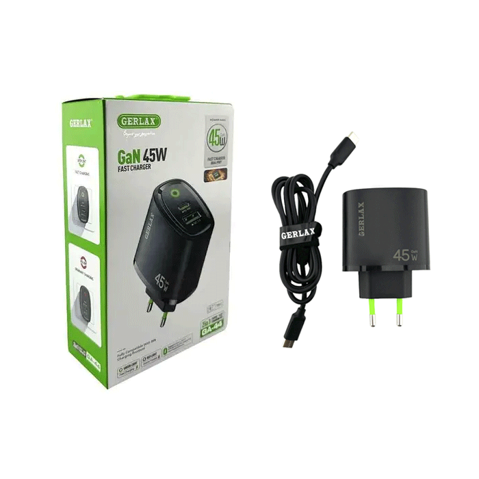 GERLAX GA-44T Mobile Charger GaN PD 45W 1 USB-A Port And 1 TYPE C Port With Cable Type-C To Type-C - Color: Black