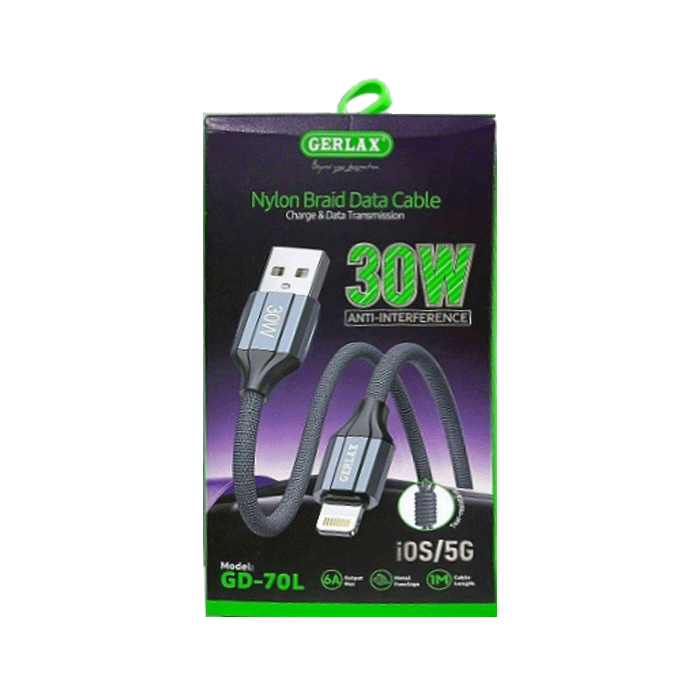 GERLAX GD-70L Charging And DATA 1M CABLE USB To Lightning 30W - Color: Black