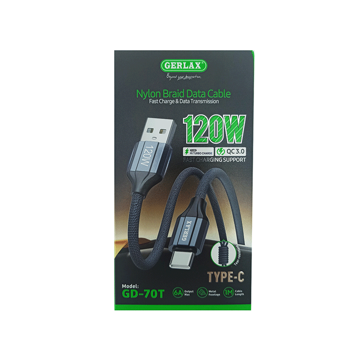 GERLAX GD-70T Charging And DATA 1M CABLE USB Το Type-C 120W - Color: Black