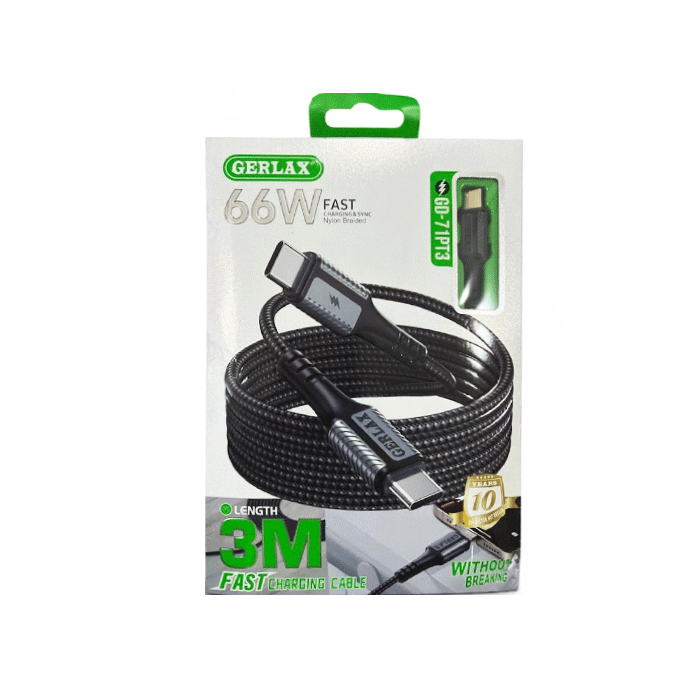 GERLAX GD-71PT3 Type-C Cable To Type-C Cable 66W 3M - Color: Black