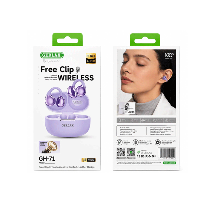GERLAX GH-71 Earbud Bluetooth Earphones Free Clip With Charging Case - Color : Purple