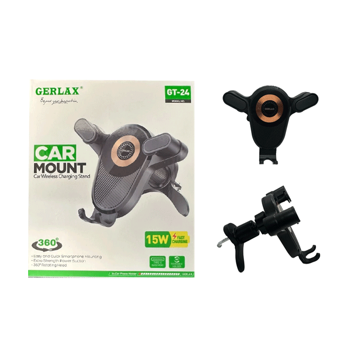GERLAX GT-24 Car Phone Mount, 15W Fast Wireless Charging Stand, 360° Rotating - Color: Black