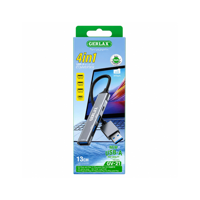 GERLAX GV-21 Converter USB-A ΣΕ 1 USB 3.0 Και 2 USB 2.0 Και 1 Type-C Adaptor 4 IN 1 With Cable 13cm - Color : Black