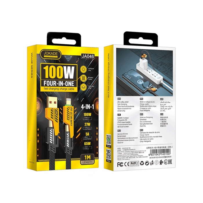 JOKADE JA046 DATA 1M CABLE 4 IN 1 Multi Charging Cable 2 Type-C Το USB / Lightning 100W Color : Black