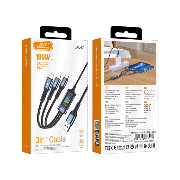 JOKADE JA047 DATA 1.2M CABLE 3 IN 1 Multi Charging Cable USB Το Lightning / Type C / micro 100W Color : Black