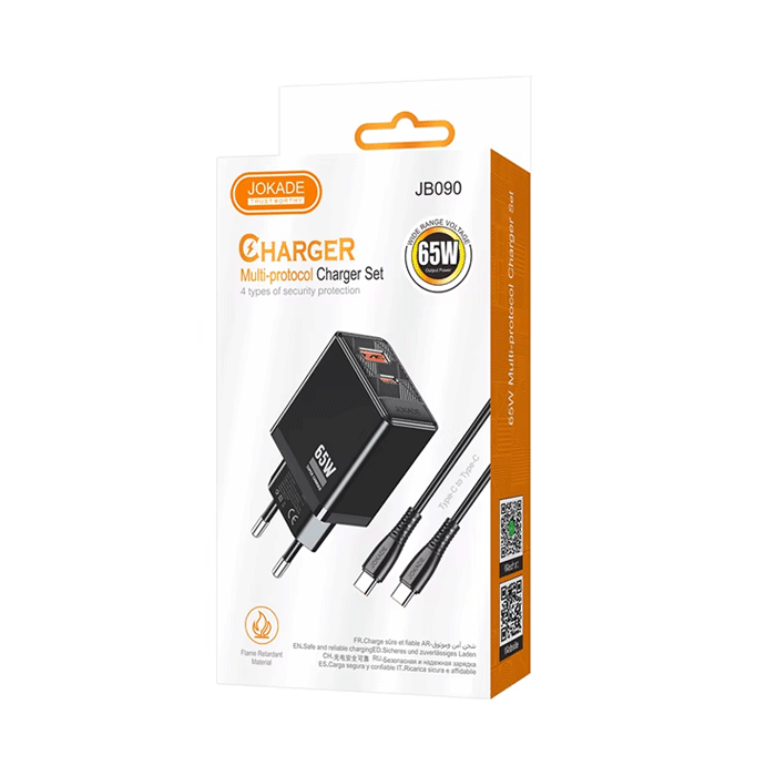 JOKADE JB090 Mobile Fast Charger 65W With 1 USB-A Port And 1 Type-C Port With Cable Type-C To Type-C - Color: Black