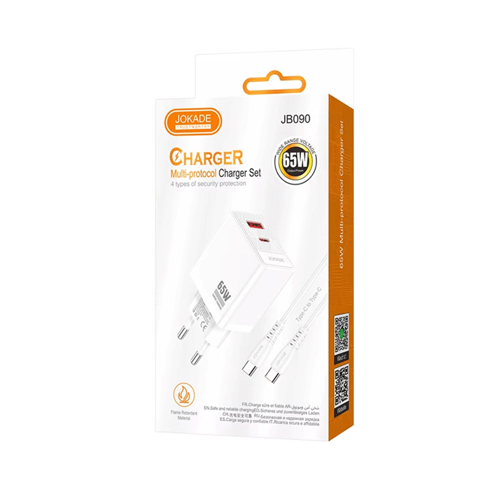 JOKADE JB090 Mobile Fast Charger 65W With 1 USB-A Port And 1 Type-C Port With Cable Type-C To Type-C - Color: White