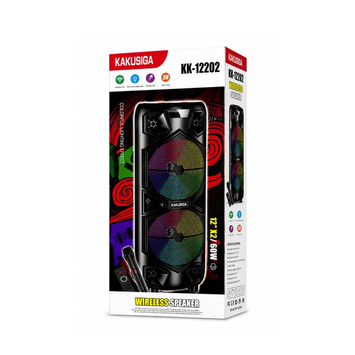KAKUSIGA KK-12202 Wireless Speaker Bluetooth 12"x2 RGB With Wireless Microphone 60W - Color : Black