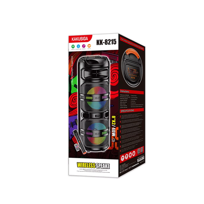 KAKUSIGA KK-8215 Wireless Speaker Bluetooth 8"x2 RGB With Wireless Microphone 40W - Color : Black