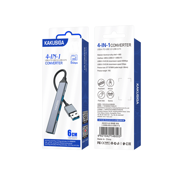 KSC-1428 Converter USB-A ΣΕ USB 3.0 Και USB 2.0*3 Adaptor 4 IN 1 With Cable 6cm - Color : Black
