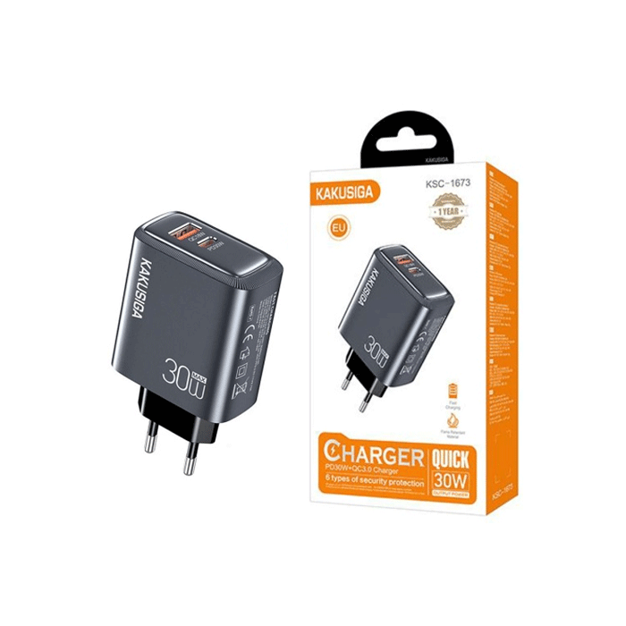 KAKUSIGA KSC-1673 Mobile Fast Charger 30W With 1 USB-A Port And 1 Type-C Port - Color: Grey