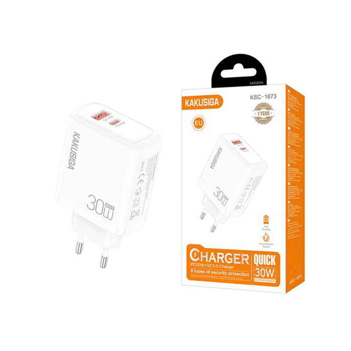 KAKUSIGA KSC-1673 Mobile Fast Charger 30W With 1 USB-A Port And 1 Type-C Port - Color: White
