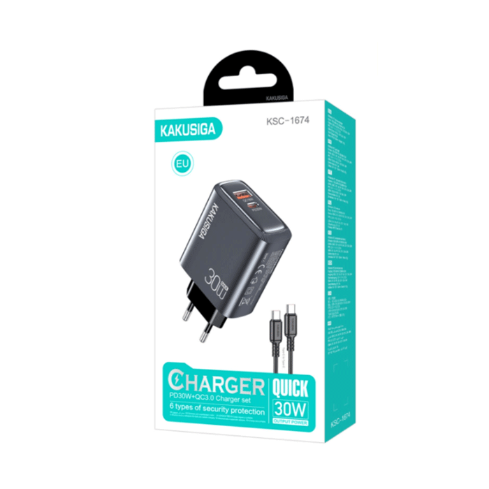 KAKUSIGA KSC-1674 Mobile Fast Charger 30W With 1 USB-A Port And 1 Type-C Port With Cable Type-C To Type-C - Color: Grey