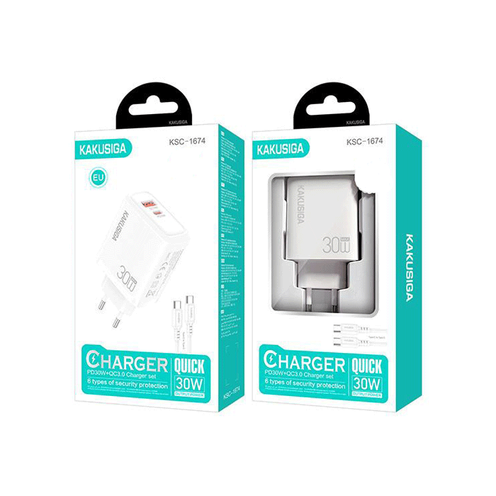 KAKUSIGA KSC-1674 Mobile Fast Charger 30W With 1 USB-A Port And 1 Type-C Port With Cable Type-C To Type-C - Color: White