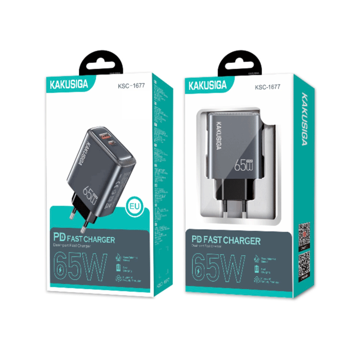 KAKUSIGA KSC-1677 Mobile Fast Charger 65W With 1 USB-A Port And 1 Type-C Port - Color: Grey