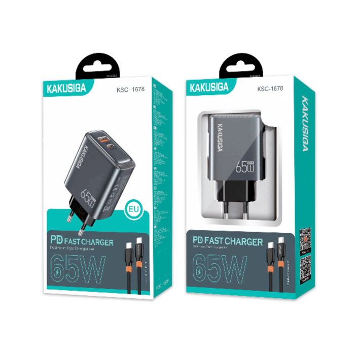 KAKUSIGA KSC-1678 Mobile Fast Charger 65W With 1 USB-A Port And 1 Type-C Port With Cable Type-C To Type-C - Color: Grey