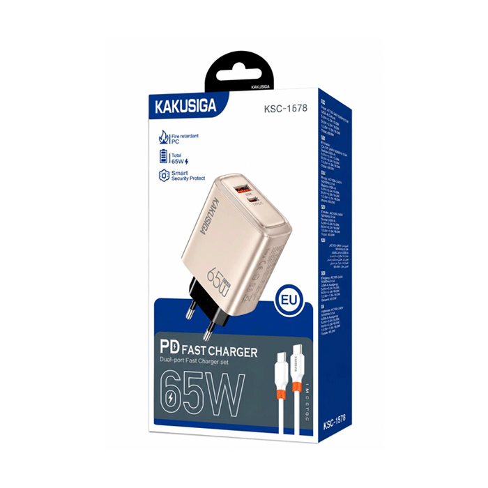 KAKUSIGA KSC-1678 Mobile Fast Charger 65W With 1 USB-A Port And 1 Type-C Port With Cable Type-C To Type-C - Color: Rose Gold