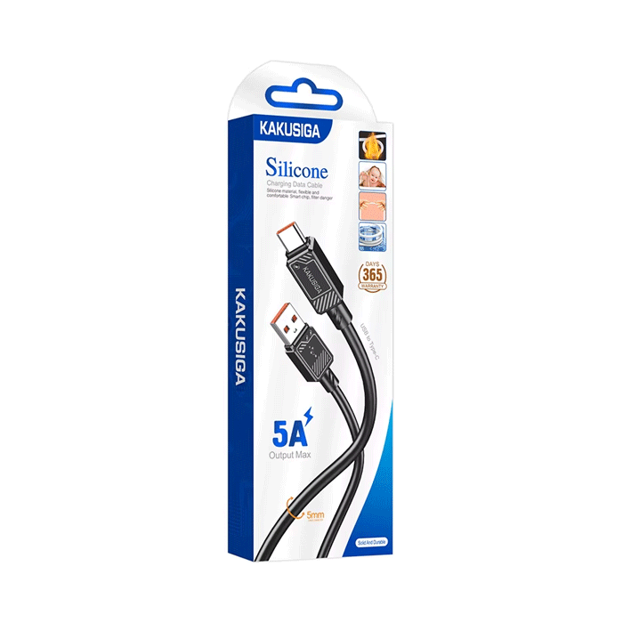 KAKUSIGA KSC-993 Silicone Charging And DATA 1M CABLE USB To Type-C 5A - Color: Black