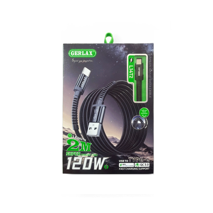 GERLAX L14T2 Charging And DATA 2M CABLE USB To Type-C 120W - Color: Black