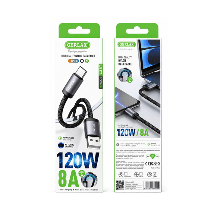 GERLAX L36T Charging And DATA 1M CABLE USB Το Type-C 120W 8A- Color: Black