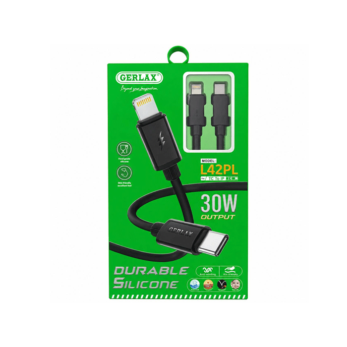 GERLAX L42PL Charging Cable Type-C σε Lightning 30W 6A - Color: Black