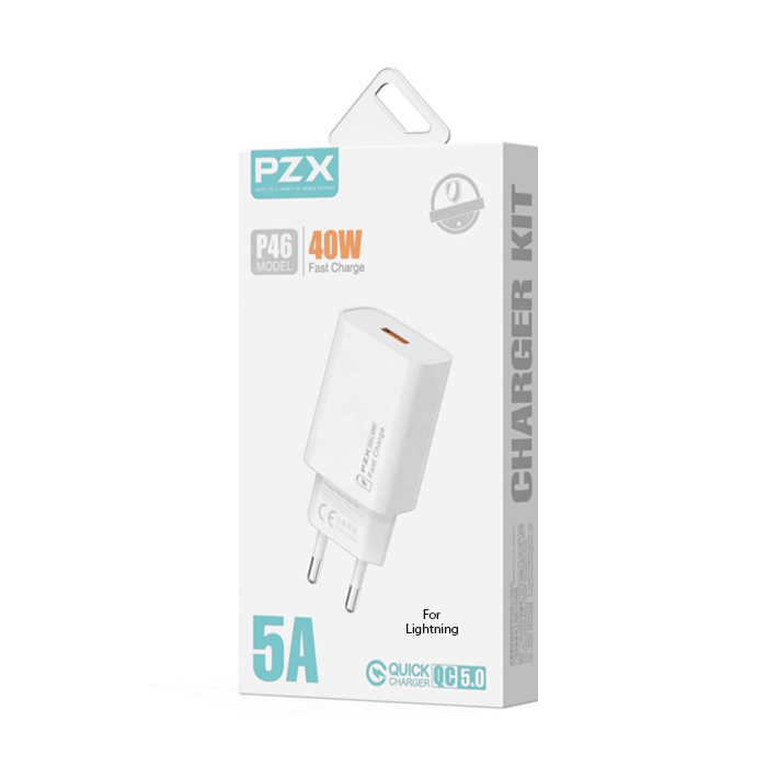 PZX P46 Mobile Charger 40W With 1 USB-A Port And Cable USB-A To Lightning - Color: White