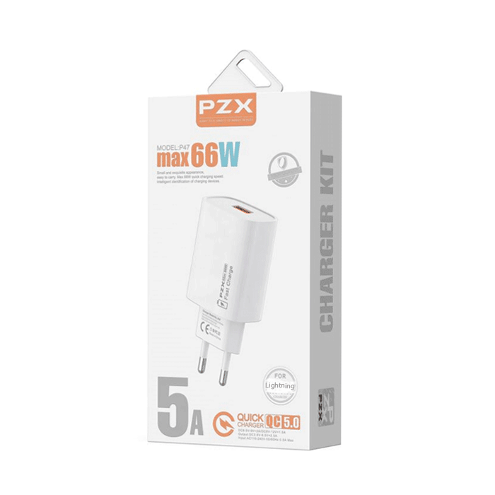PZX P47 Mobile Charger 66W With 1 USB-A Port And Cable USB-A To Lightning - Color: White
