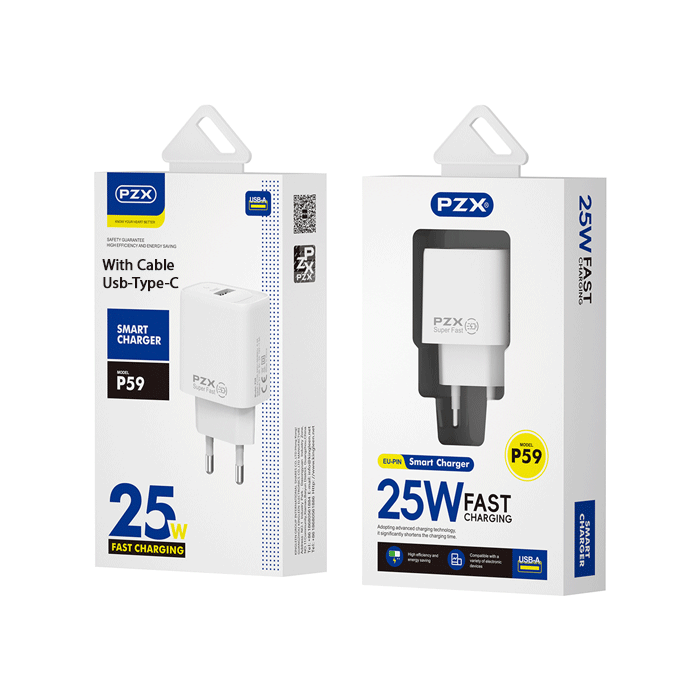 PZX P59 Super Fast Mobile Charger 25W With 1 USB-A Port And Cable USB To Type-C - Color: White