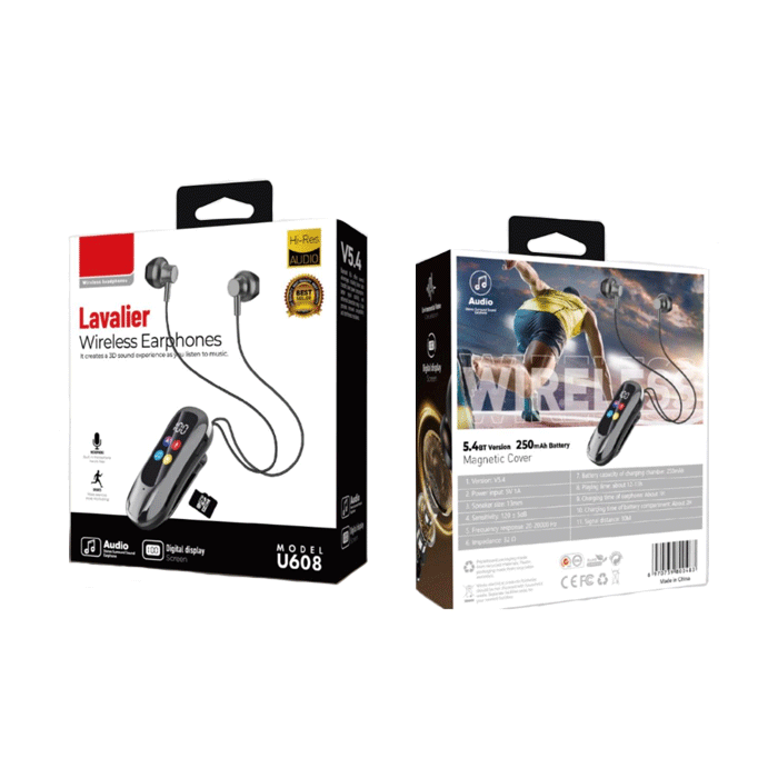 LAVALIER U608 In-ear Bluetooth Handsfree Digital display Clip-On Earphone - Color: Black