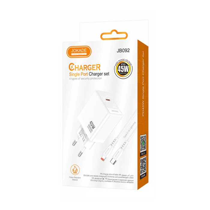 JOKADE JB092 Mobile Fast Charger 45W With 1 Type-C Port And Cable Type-C To Lightning - Color: White