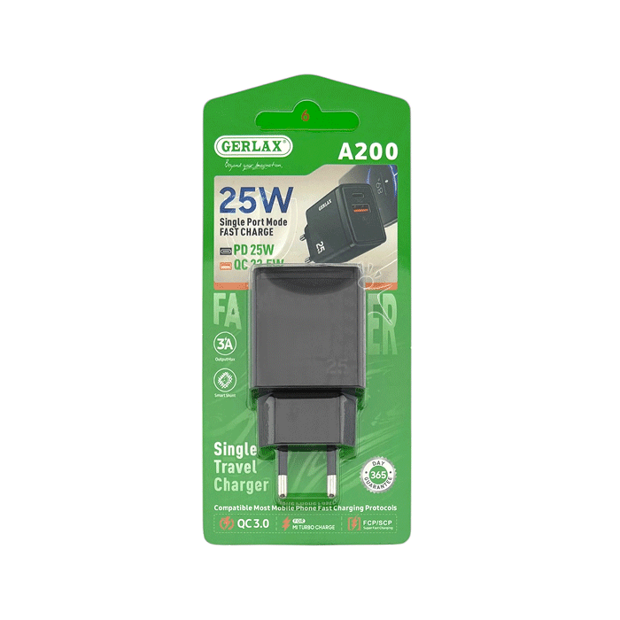 GERLAX A200 Mobile Charger 25W 1 USB-A Port And 1 TYPE C Port - Color: Black
