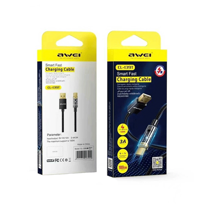 AWEI CL-139T DATA CABLE 1M USB Το Type-C 100W - Color: Black