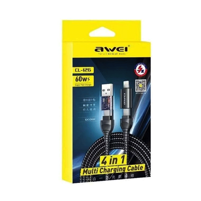 AWEI CL-126 DATA 1M CABLE 4 IN 1 Multi Charging Cable 60W Τype C To Type-C (USB / Lightning Changing Plug) Color : Black