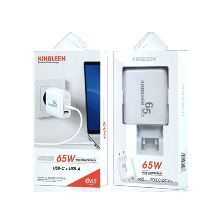 KINGLEEN E65 Mobile Charger PD 65W USB-A Port And 1 TYPE C Port - Color: White