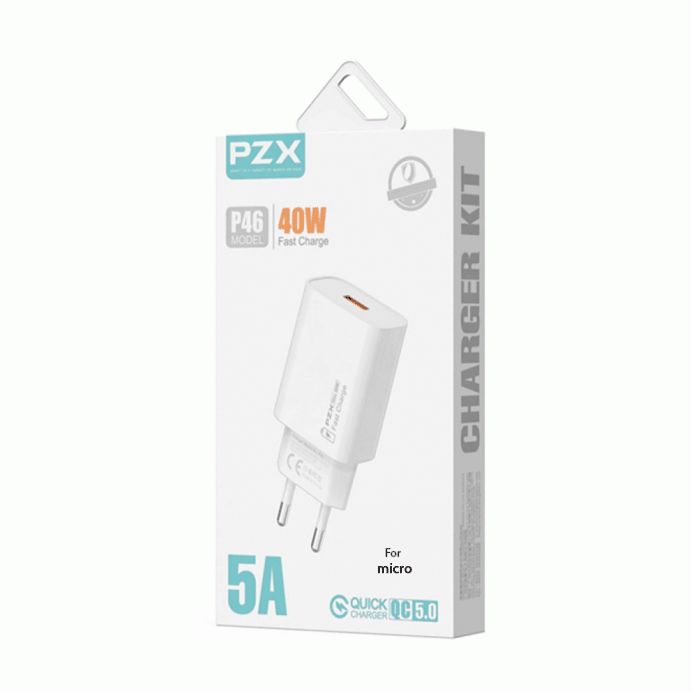 PZX P46 Mobile Charger 40W With 1 USB-A Port And Cable USB-A To Micro - Color: White